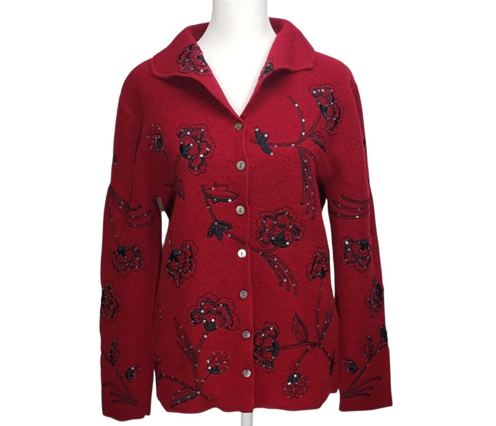 Vintage Sarah Spencer Scarlet Red Wool Cardigan Embroidery Floral Sequined 90s